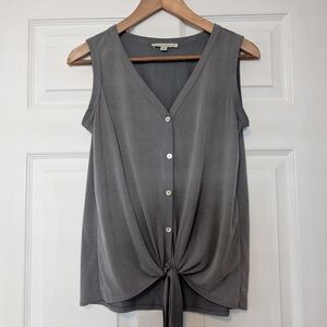 Green Envelope Charcoal Button-Down Tie-Front Blouse